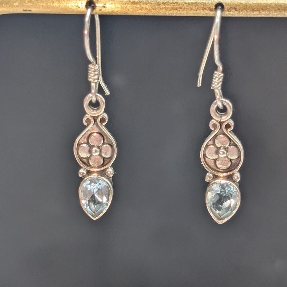 Vintage 925 Sterling Silver Blue Topaz Dangle Flower Earrings